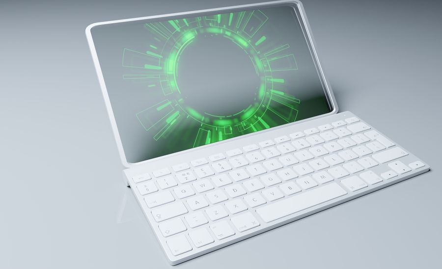 Tablet blanca con teclado y pantalla neon